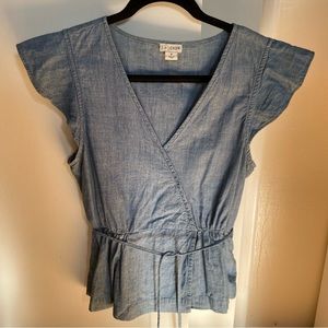 J crew waist tie denim top with flutter sleeves
